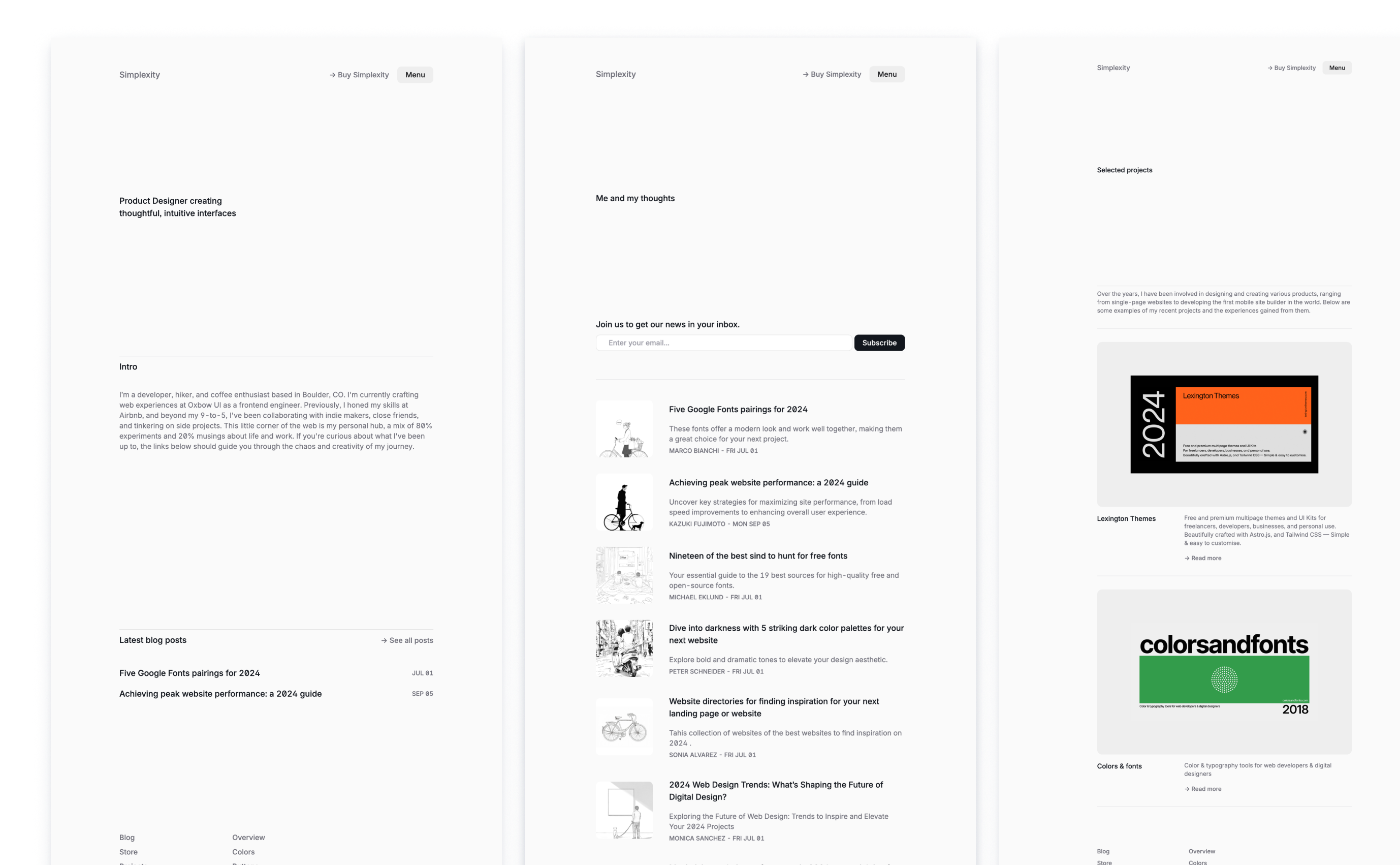 Simplexity blog theme with a minimalist design, featuring a 'Me and my thoughts' section for personal insights and a subscription invitation. Below, a series of blog post titles about web design and hosting are displayed, emphasizing clean typography and intuitive navigation.