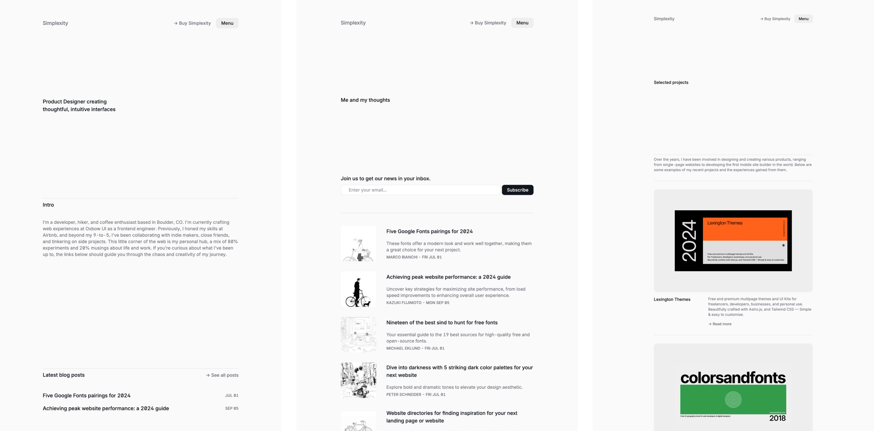 Simplexity blog theme with a minimalist design, featuring a 'Me and my thoughts' section for personal insights and a subscription invitation. Below, a series of blog post titles about web design and hosting are displayed, emphasizing clean typography and intuitive navigation.