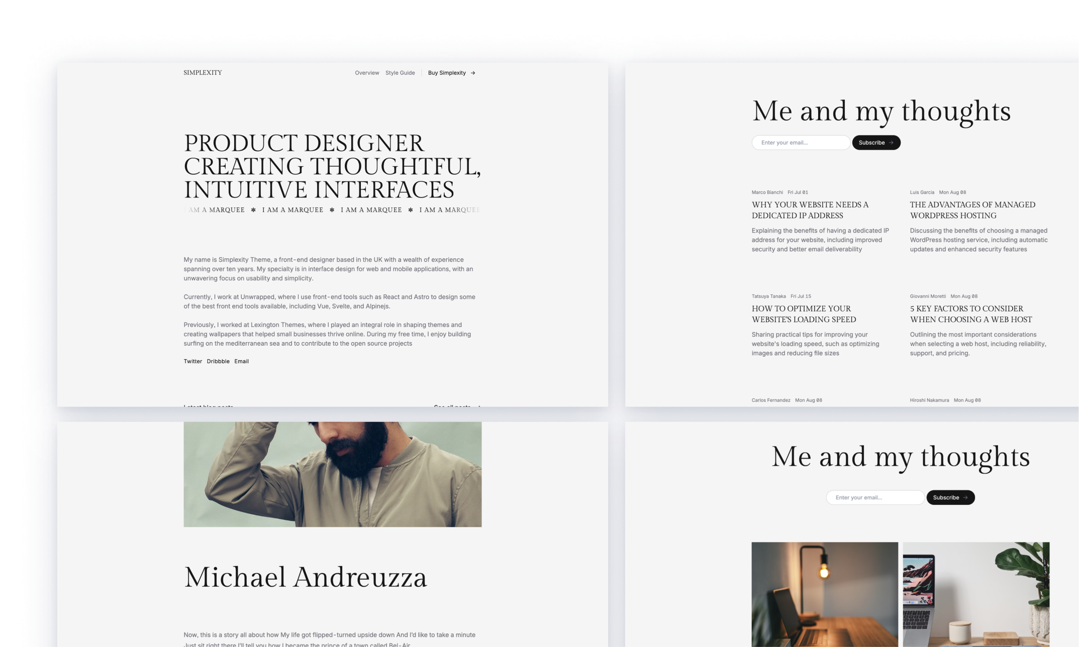 Simplexity blog theme with a minimalist design, featuring a 'Me and my thoughts' section for personal insights and a subscription invitation. Below, a series of blog post titles about web design and hosting are displayed, emphasizing clean typography and intuitive navigation.