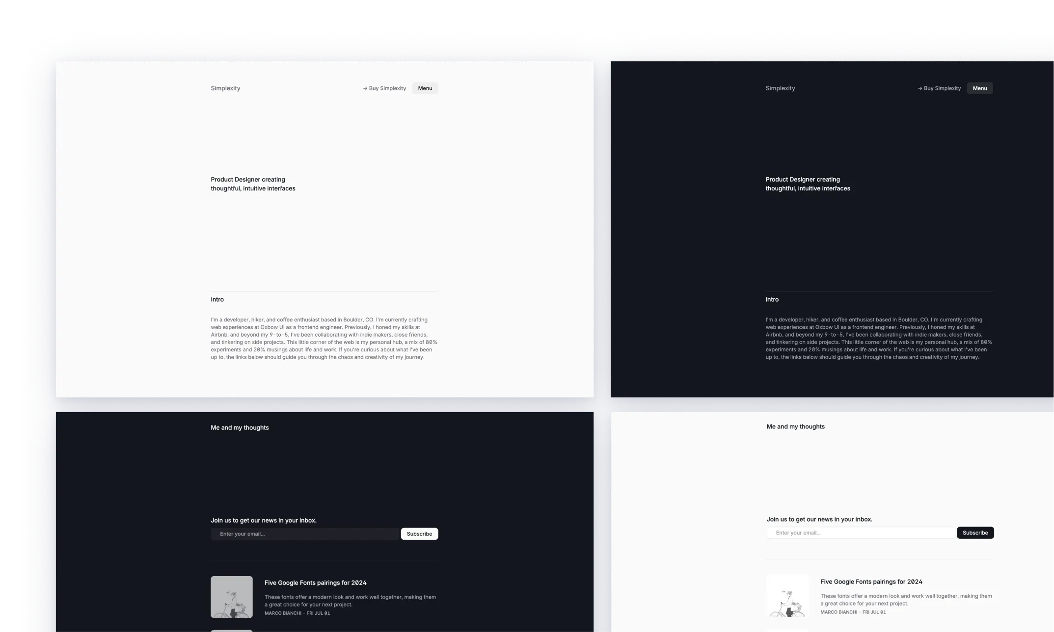 Simplexity blog theme with a minimalist design, featuring a 'Me and my thoughts' section for personal insights and a subscription invitation. Below, a series of blog post titles about web design and hosting are displayed, emphasizing clean typography and intuitive navigation.