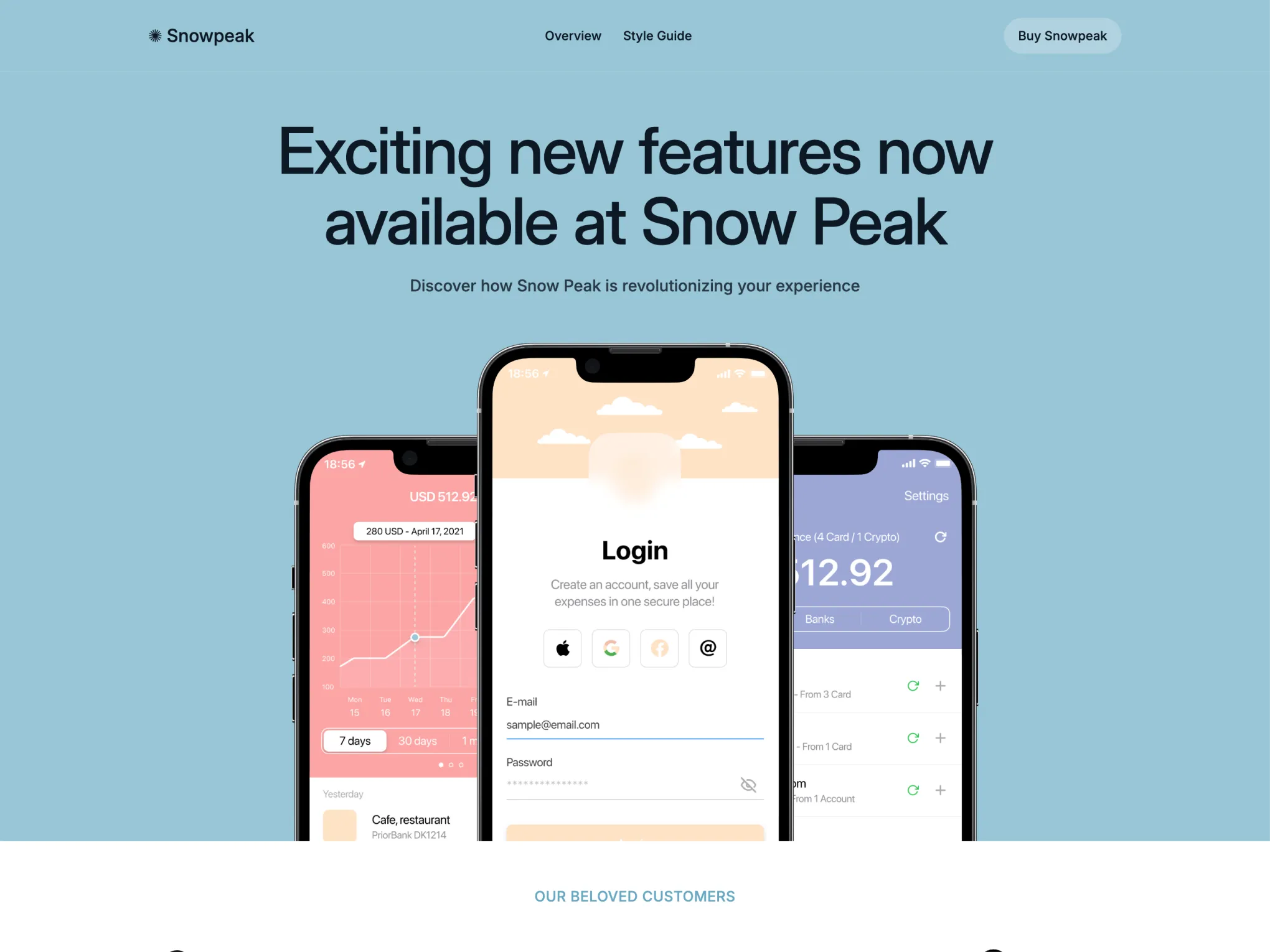 Snowpeak theme display for technology and lifestyle websites, featuring a clean blue and white interface with mobile app screenshots, coding tools, and blog sections. Key features include user-friendly project management, streamlined workflows, and vibrant lifestyle articles, complemented by partnerships with notable tech companies.