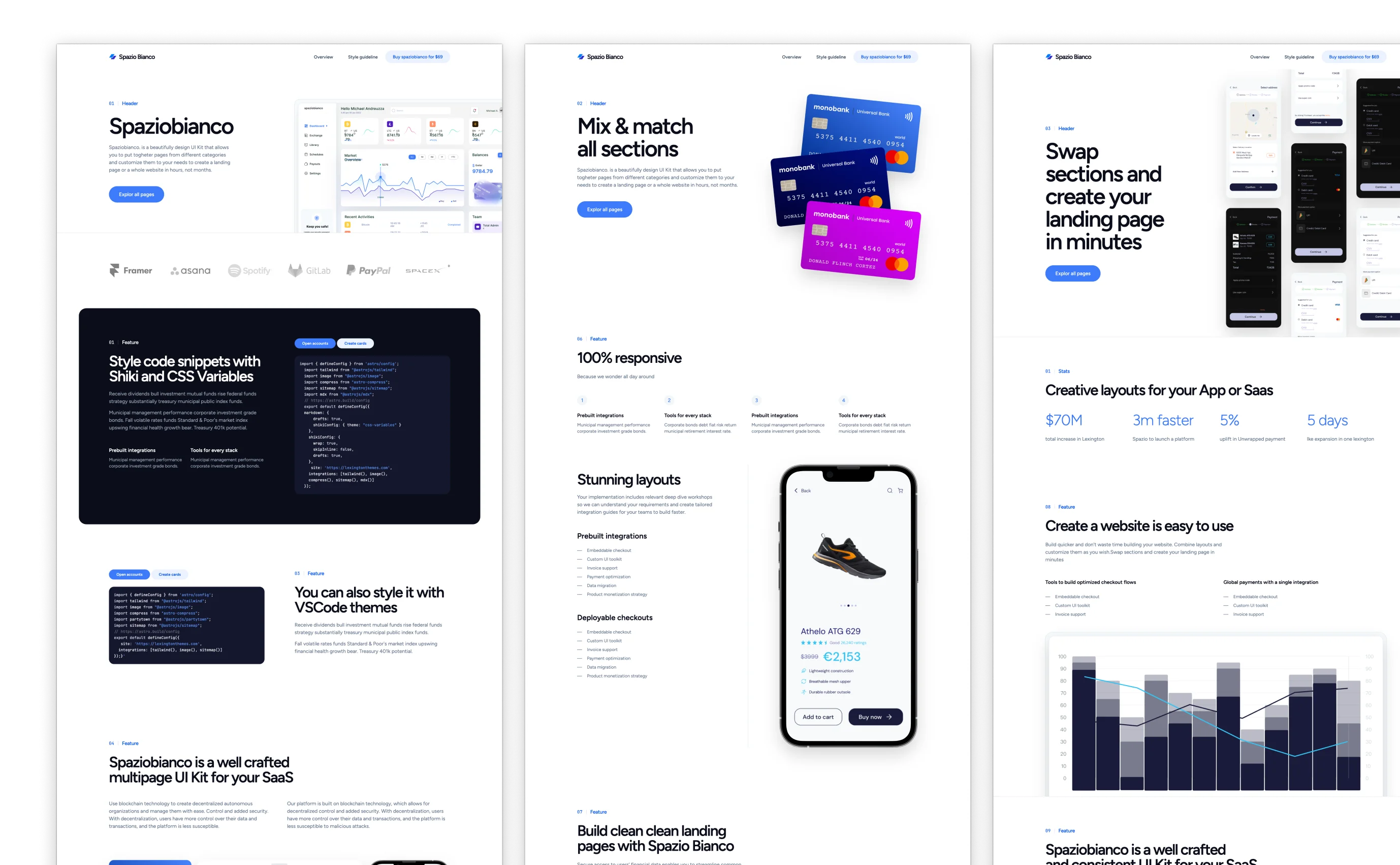 Spazio Bianco  display, featuring a light theme with blue highlights and a clean, professional layout. The theme includes various section templates for analytics, code snippets, mobile app interfaces, and financial dashboards, emphasizing its adaptability and responsiveness for SaaS platforms.