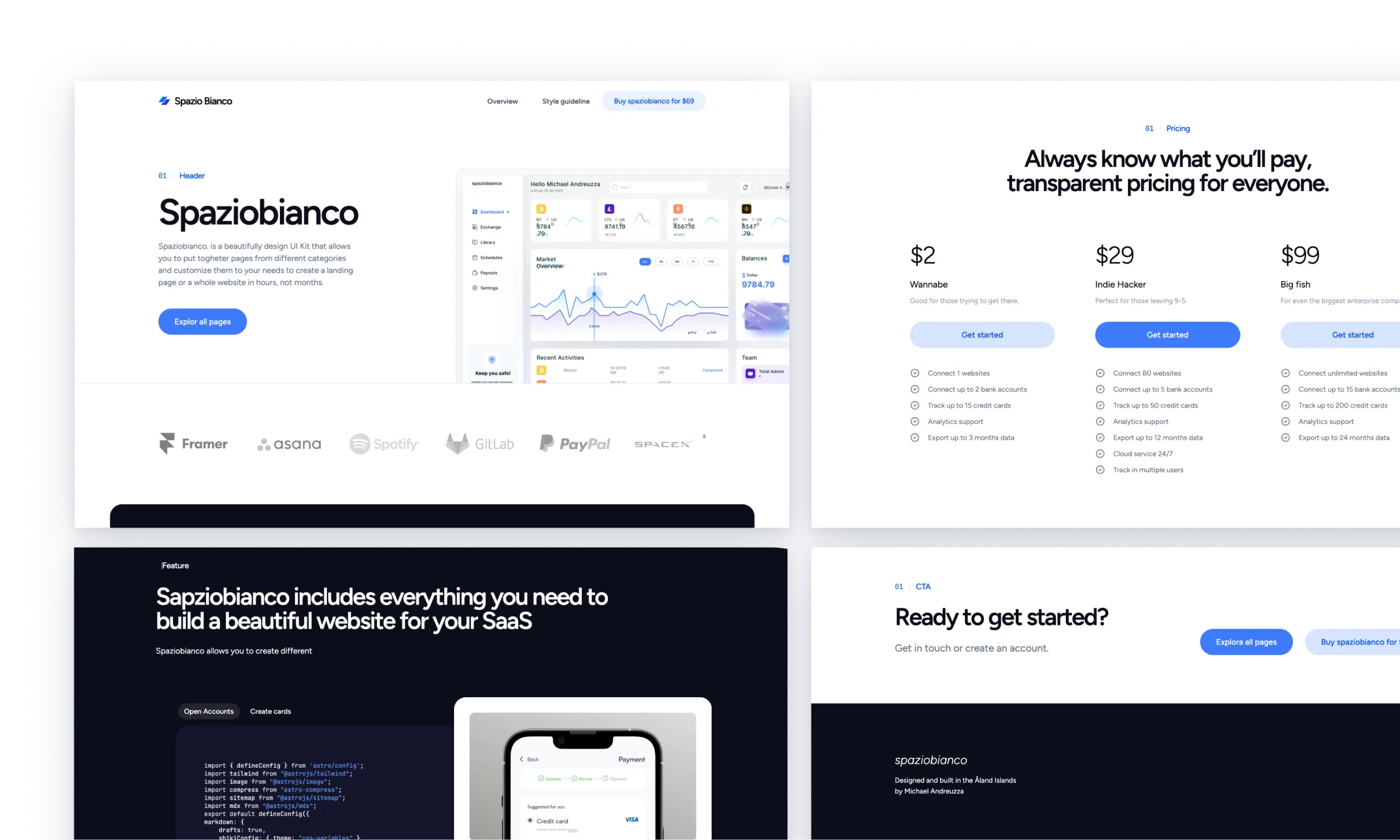 Spazio Bianco  display, featuring a light theme with blue highlights and a clean, professional layout. The theme includes various section templates for analytics, code snippets, mobile app interfaces, and financial dashboards, emphasizing its adaptability and responsiveness for SaaS platforms.