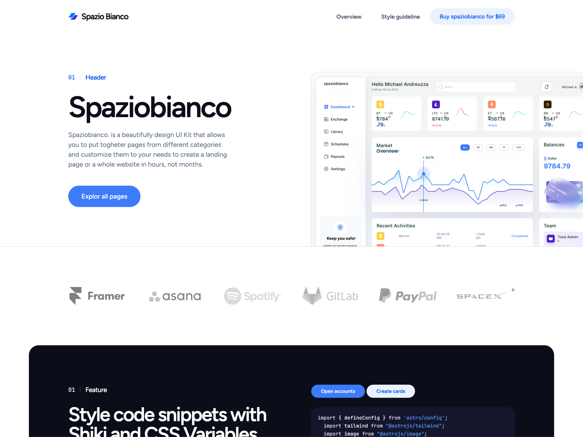 Spazio Bianco  display, featuring a light theme with blue highlights and a clean, professional layout. The theme includes various section templates for analytics, code snippets, mobile app interfaces, and financial dashboards, emphasizing its adaptability and responsiveness for SaaS platforms.