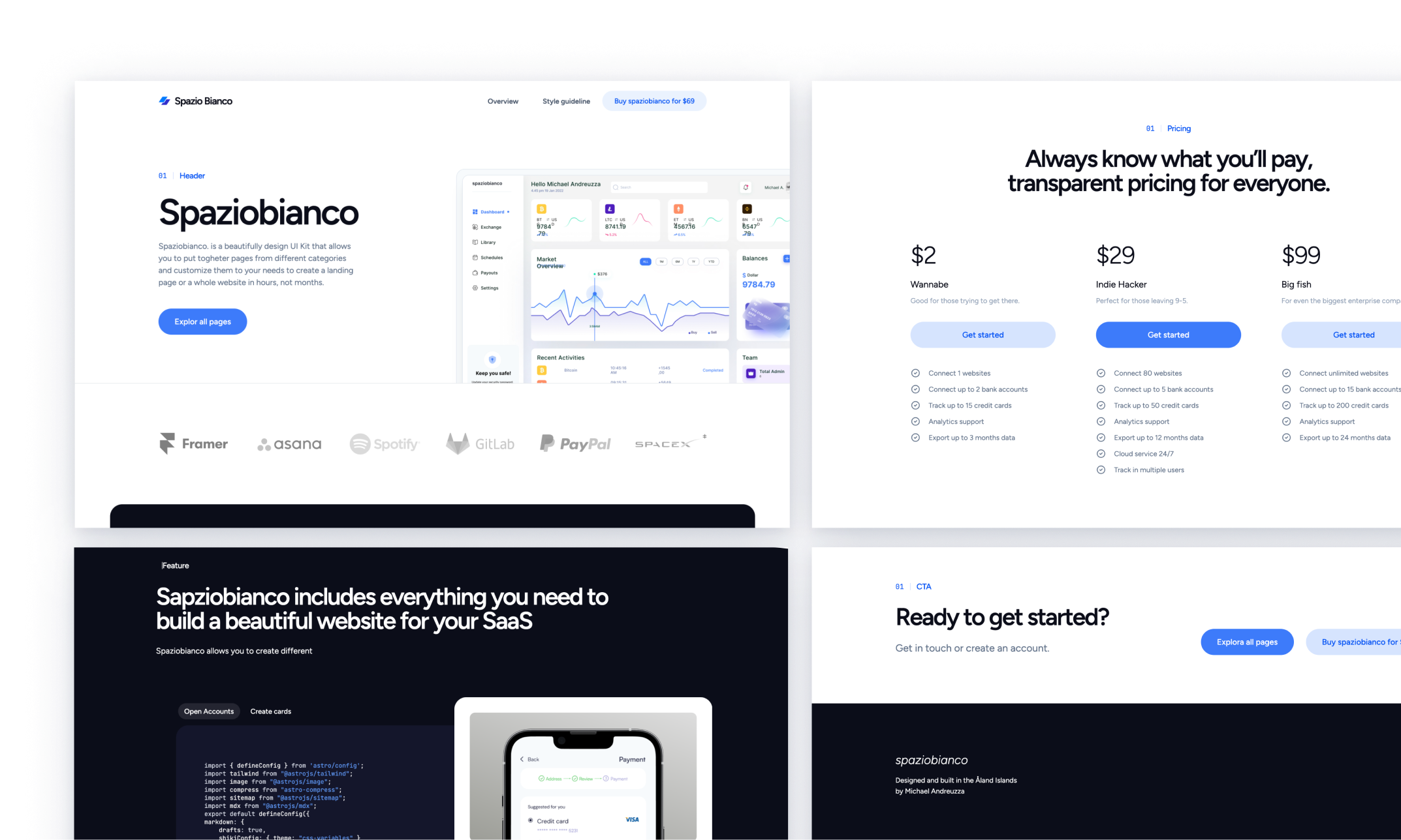 Spazio Bianco  display, featuring a light theme with blue highlights and a clean, professional layout. The theme includes various section templates for analytics, code snippets, mobile app interfaces, and financial dashboards, emphasizing its adaptability and responsiveness for SaaS platforms.