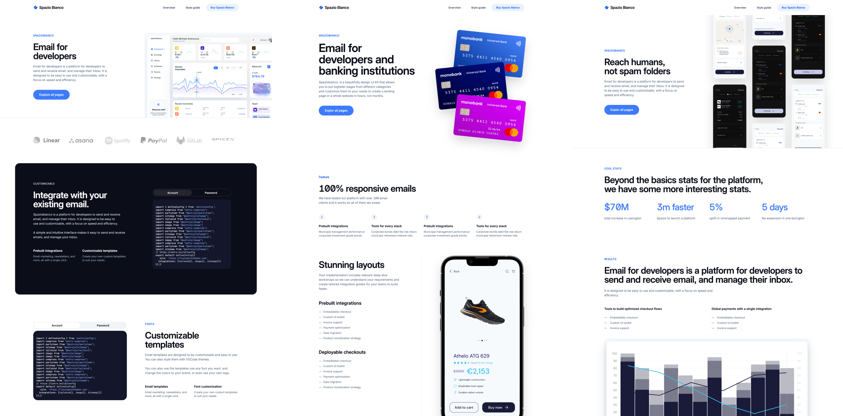 Spazio Bianco  display, featuring a light theme with blue highlights and a clean, professional layout. The theme includes various section templates for analytics, code snippets, mobile app interfaces, and financial dashboards, emphasizing its adaptability and responsiveness for SaaS platforms.