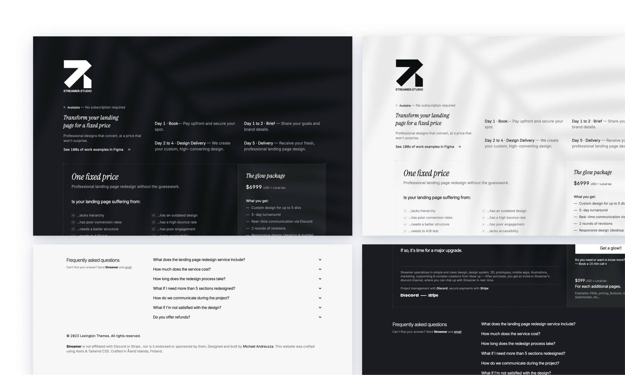 A sleek and modern studio theme, featuring a black and white color scheme that supports dark mode. The use of serif typography for the headline creates a striking visual impac. The overall layout is clean and well-organized, inviting readers to engage with the content.