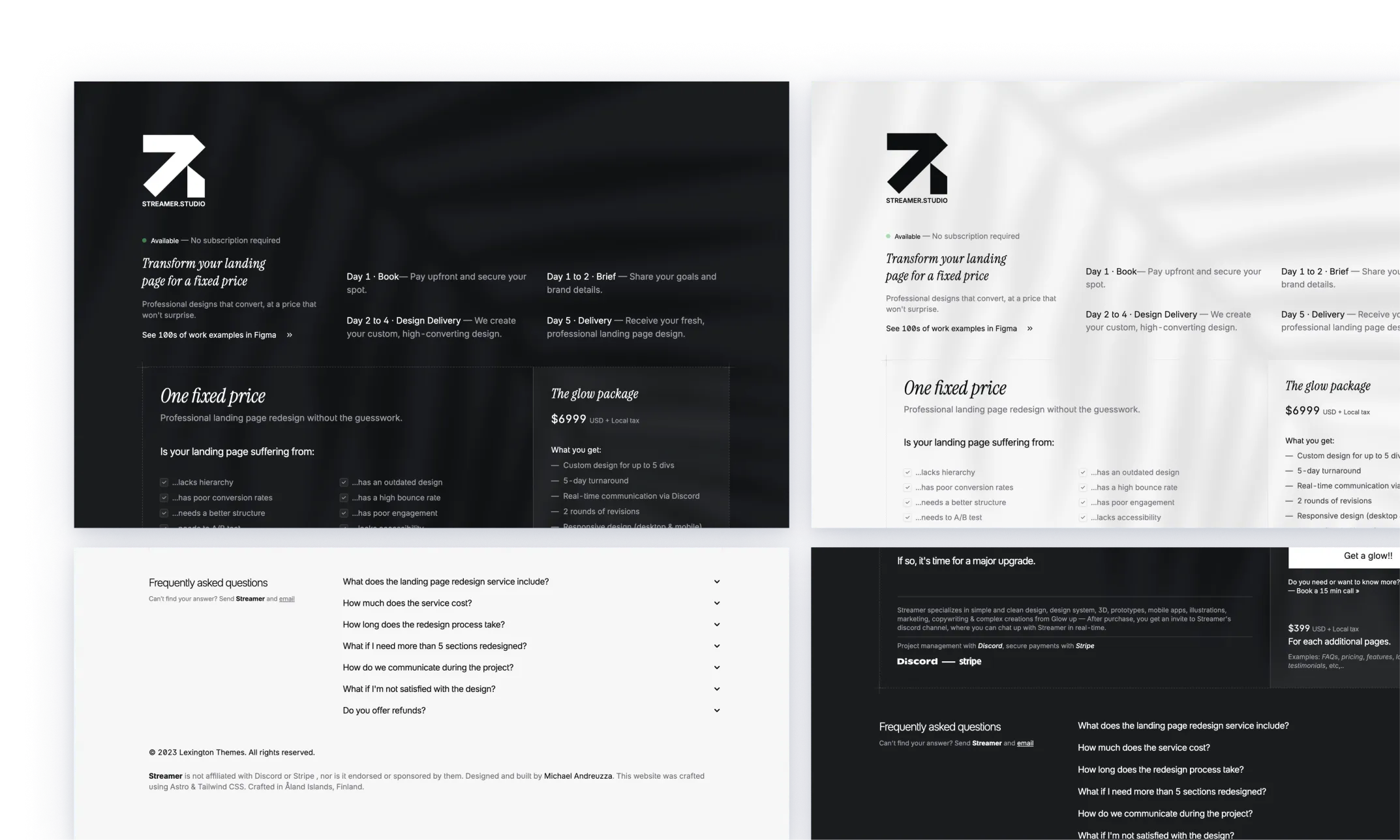 A sleek and modern studio theme, featuring a black and white color scheme that supports dark mode. The use of serif typography for the headline creates a striking visual impac. The overall layout is clean and well-organized, inviting readers to engage with the content.