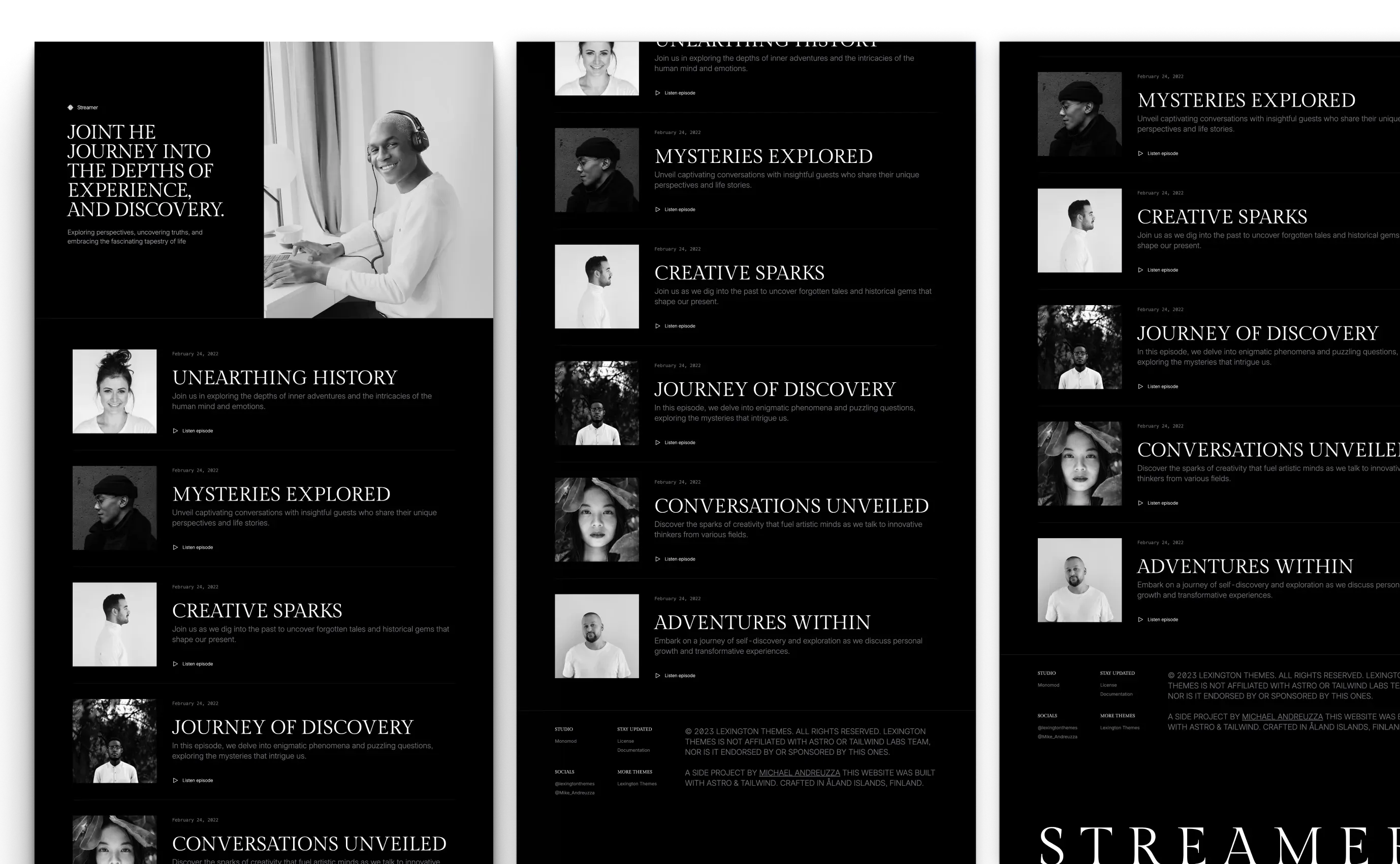 Streamer theme with a black and white aesthetic featuring a smiling person wearing headphones at a desk. The header invites readers to 'Join the journey into the depths of experience, and discovery,' setting a tone of exploration and uncovering truths.