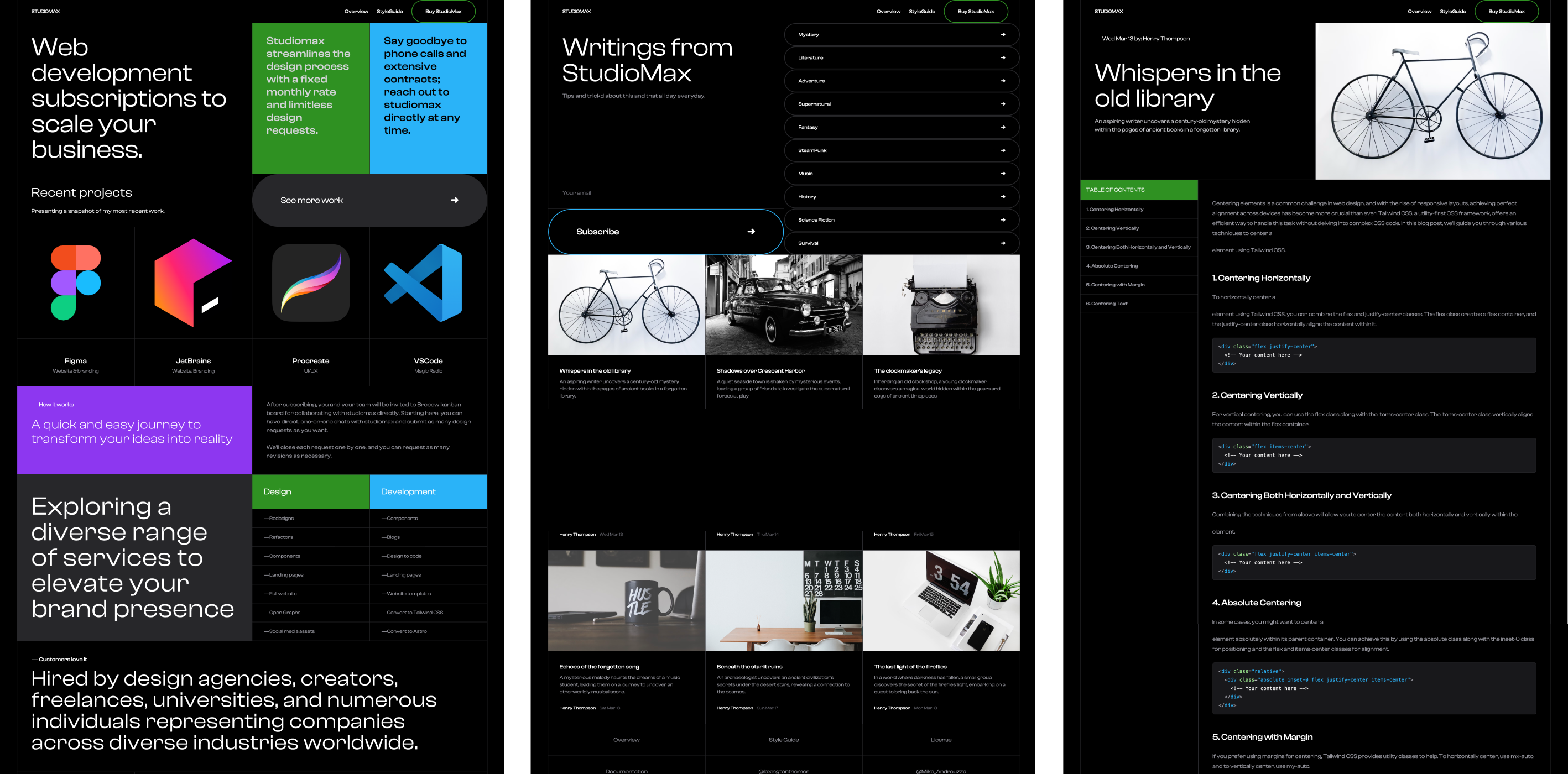 StudioMax theme for web development services, featuring a dark mode design with colorful accents for vibrant visual contrast. The layout includes sections for service offerings, project showcases, design and development processes, and collaboration tools with detailed textual and graphical content.