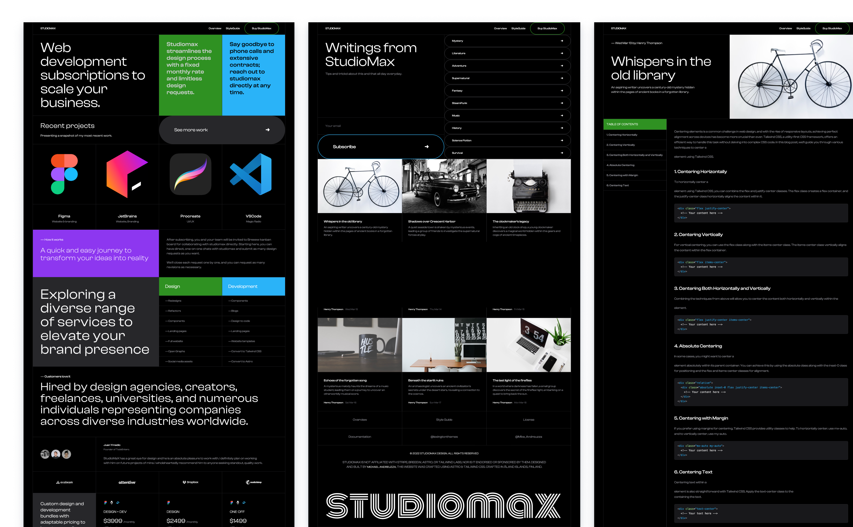 StudioMax theme for web development services, featuring a dark mode design with colorful accents for vibrant visual contrast. The layout includes sections for service offerings, project showcases, design and development processes, and collaboration tools with detailed textual and graphical content.