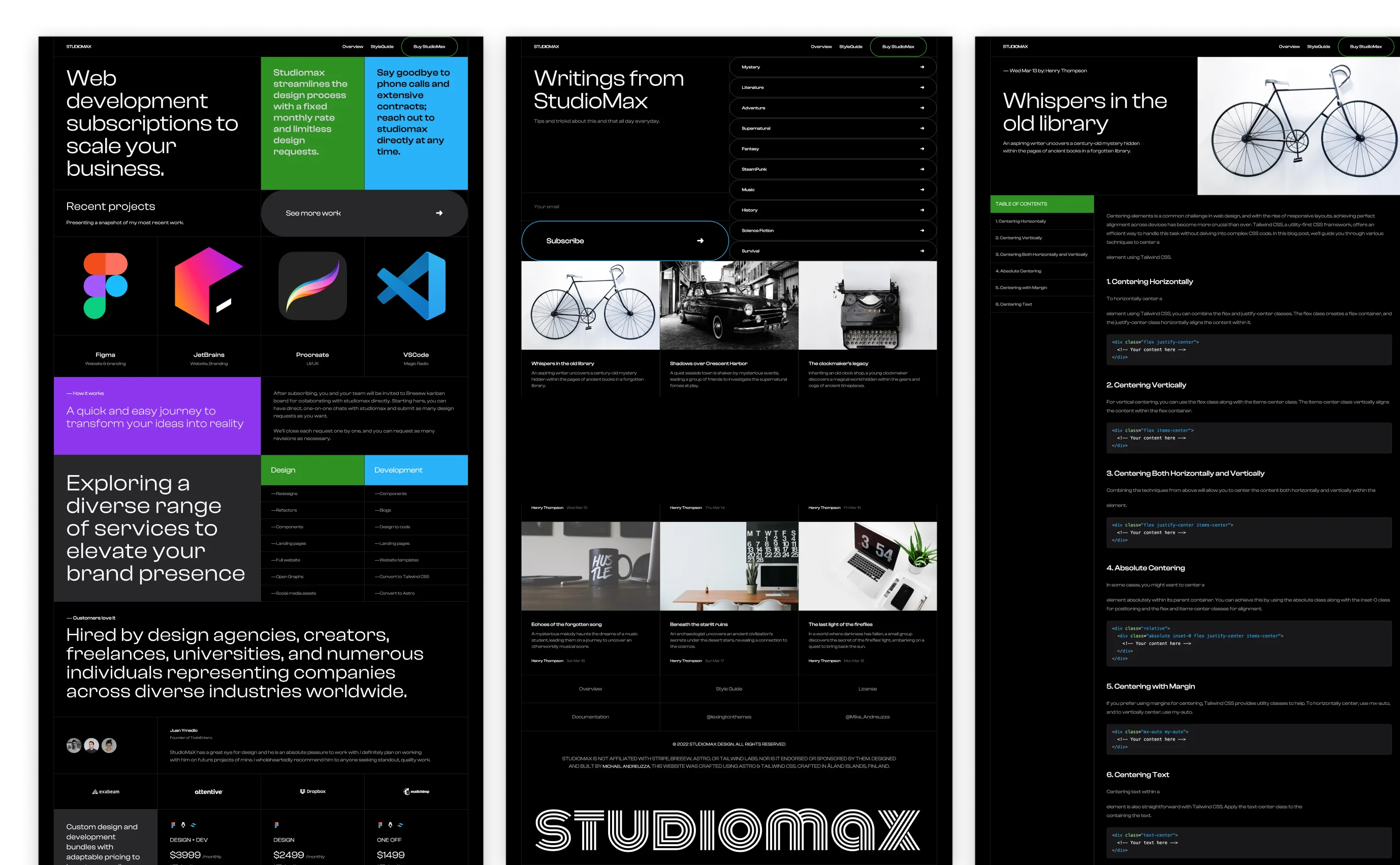 StudioMax theme for web development services, featuring a dark mode design with colorful accents for vibrant visual contrast. The layout includes sections for service offerings, project showcases, design and development processes, and collaboration tools with detailed textual and graphical content.