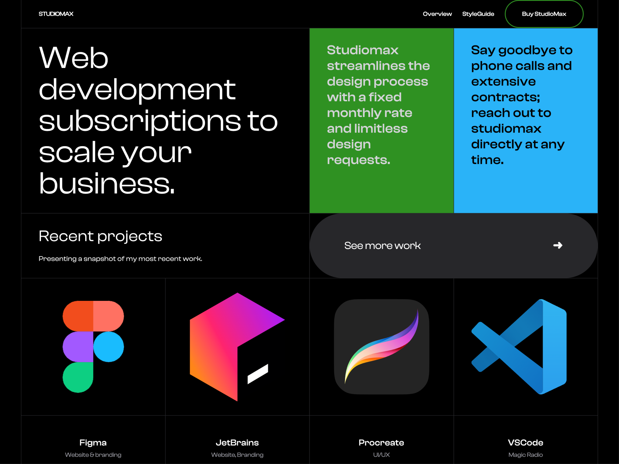 StudioMax theme for web development services, featuring a dark mode design with colorful accents for vibrant visual contrast. The layout includes sections for service offerings, project showcases, design and development processes, and collaboration tools with detailed textual and graphical content.