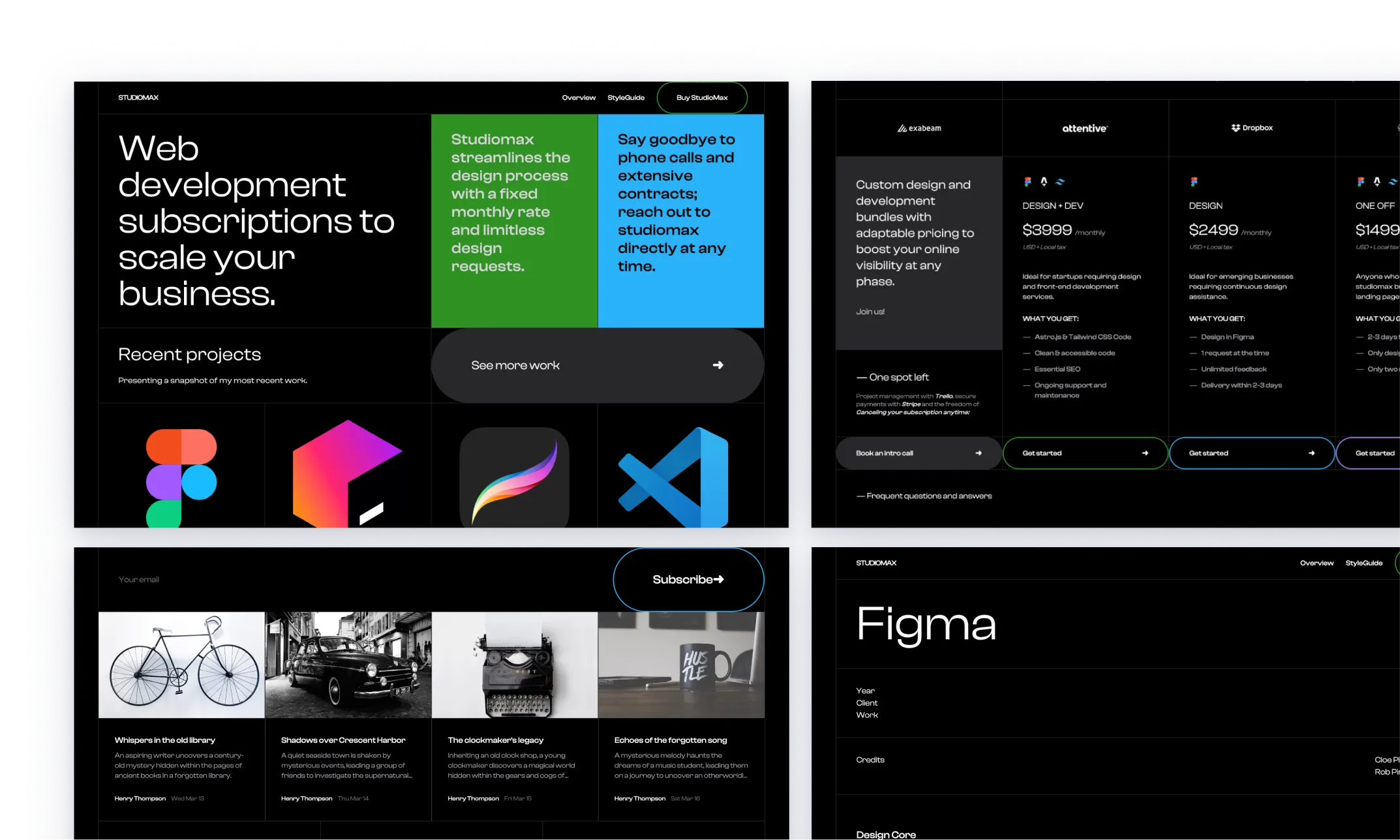 StudioMax theme for web development services, featuring a dark mode design with colorful accents for vibrant visual contrast. The layout includes sections for service offerings, project showcases, design and development processes, and collaboration tools with detailed textual and graphical content.