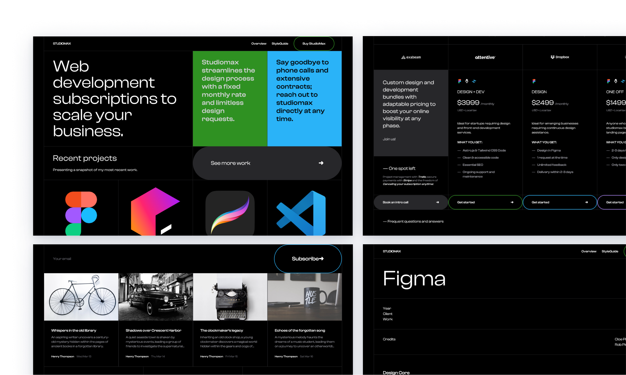 StudioMax theme for web development services, featuring a dark mode design with colorful accents for vibrant visual contrast. The layout includes sections for service offerings, project showcases, design and development processes, and collaboration tools with detailed textual and graphical content.