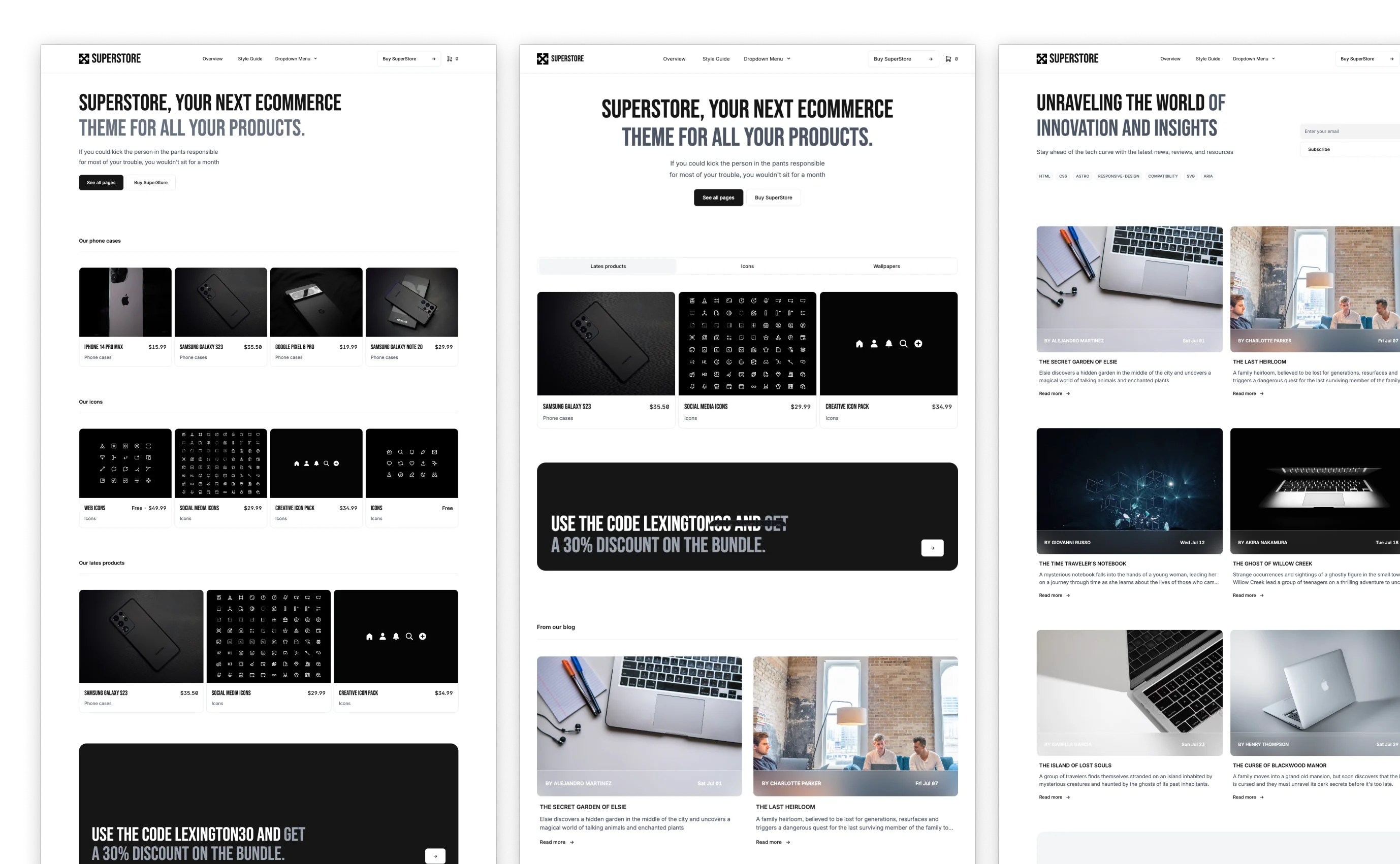 SuperStore ecommerce theme layout, featuring a product page for iPhone 14 Pro Max with images and highlights, a promotional code offer, and a grid of featured electronics products. Another section presents articles on innovation and insights with engaging imagery and article previews.