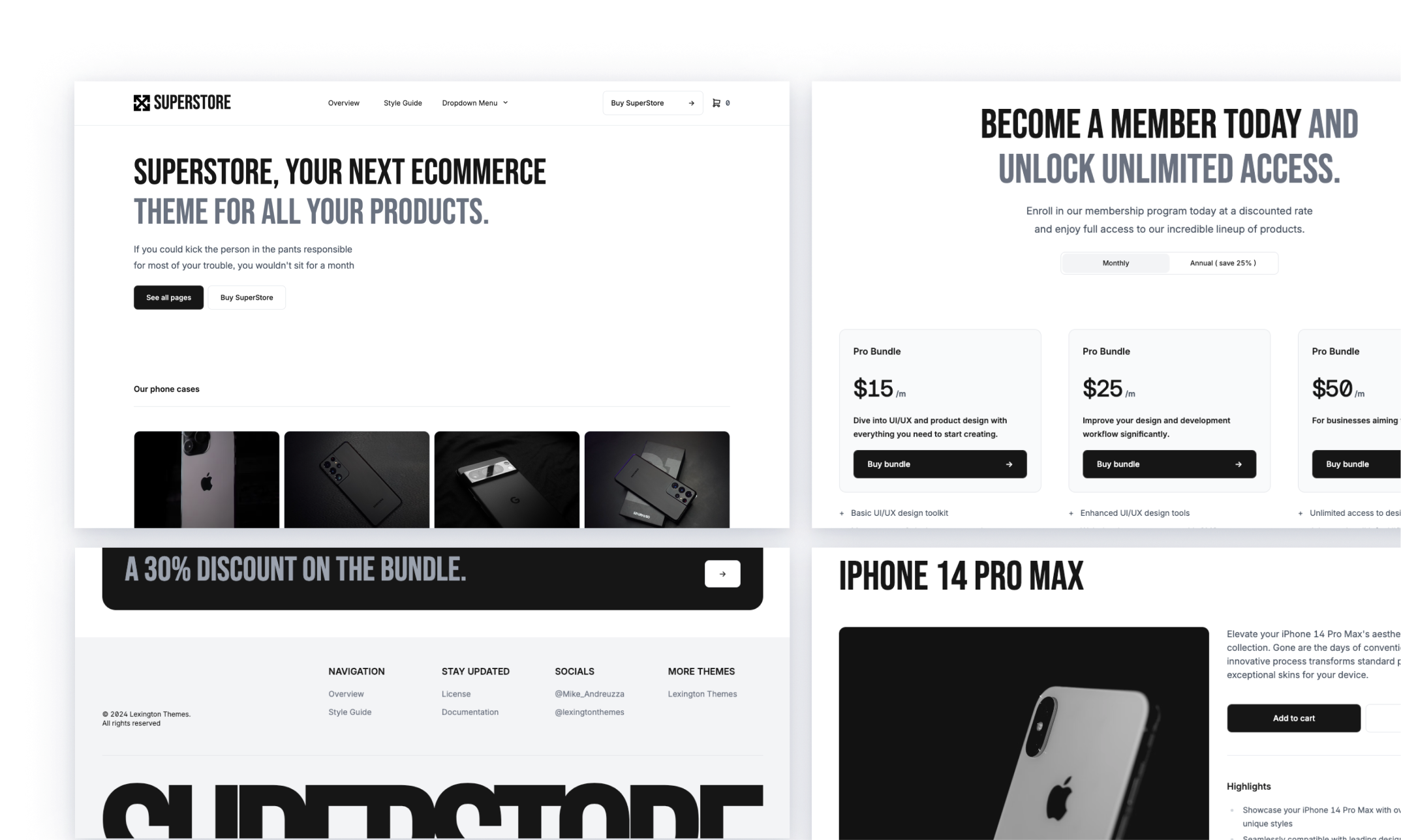 SuperStore ecommerce theme layout, featuring a product page for iPhone 14 Pro Max with images and highlights, a promotional code offer, and a grid of featured electronics products. Another section presents articles on innovation and insights with engaging imagery and article previews.