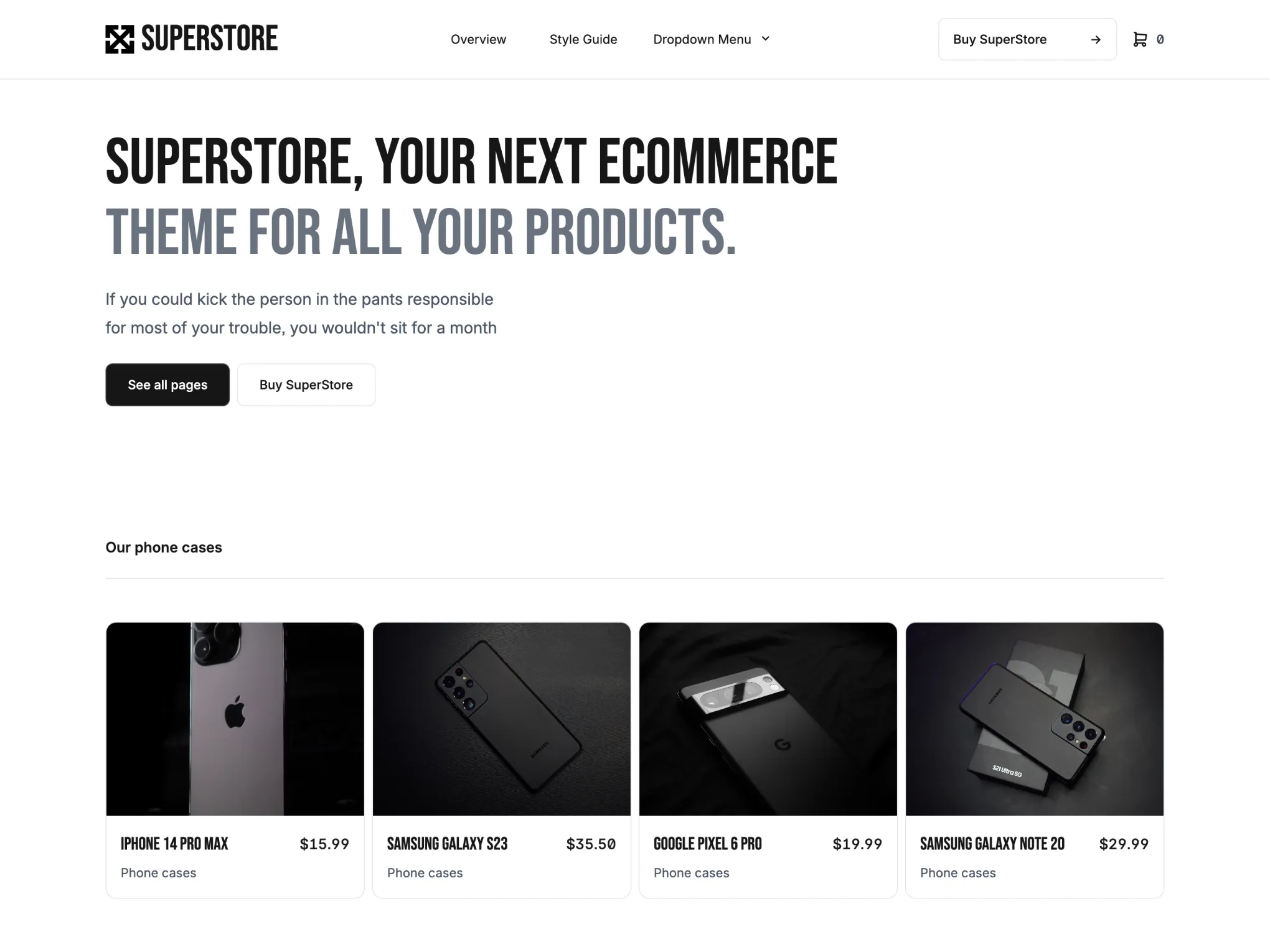 SuperStore ecommerce theme layout, featuring a product page for iPhone 14 Pro Max with images and highlights, a promotional code offer, and a grid of featured electronics products. Another section presents articles on innovation and insights with engaging imagery and article previews.