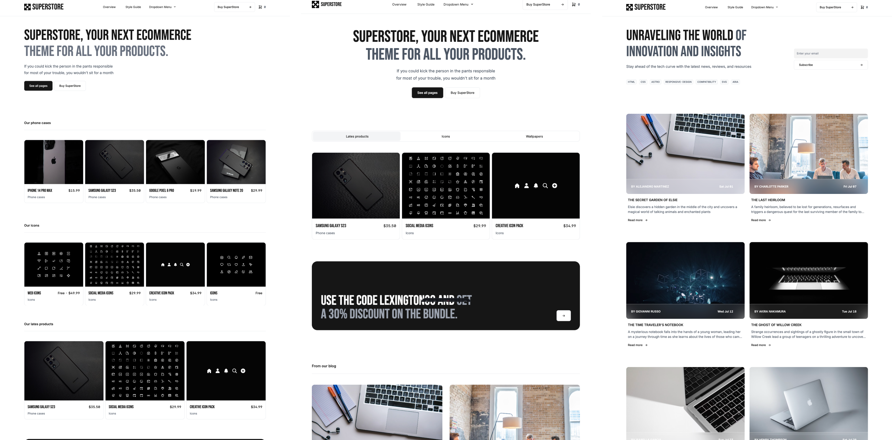 SuperStore ecommerce theme layout, featuring a product page for iPhone 14 Pro Max with images and highlights, a promotional code offer, and a grid of featured electronics products. Another section presents articles on innovation and insights with engaging imagery and article previews.