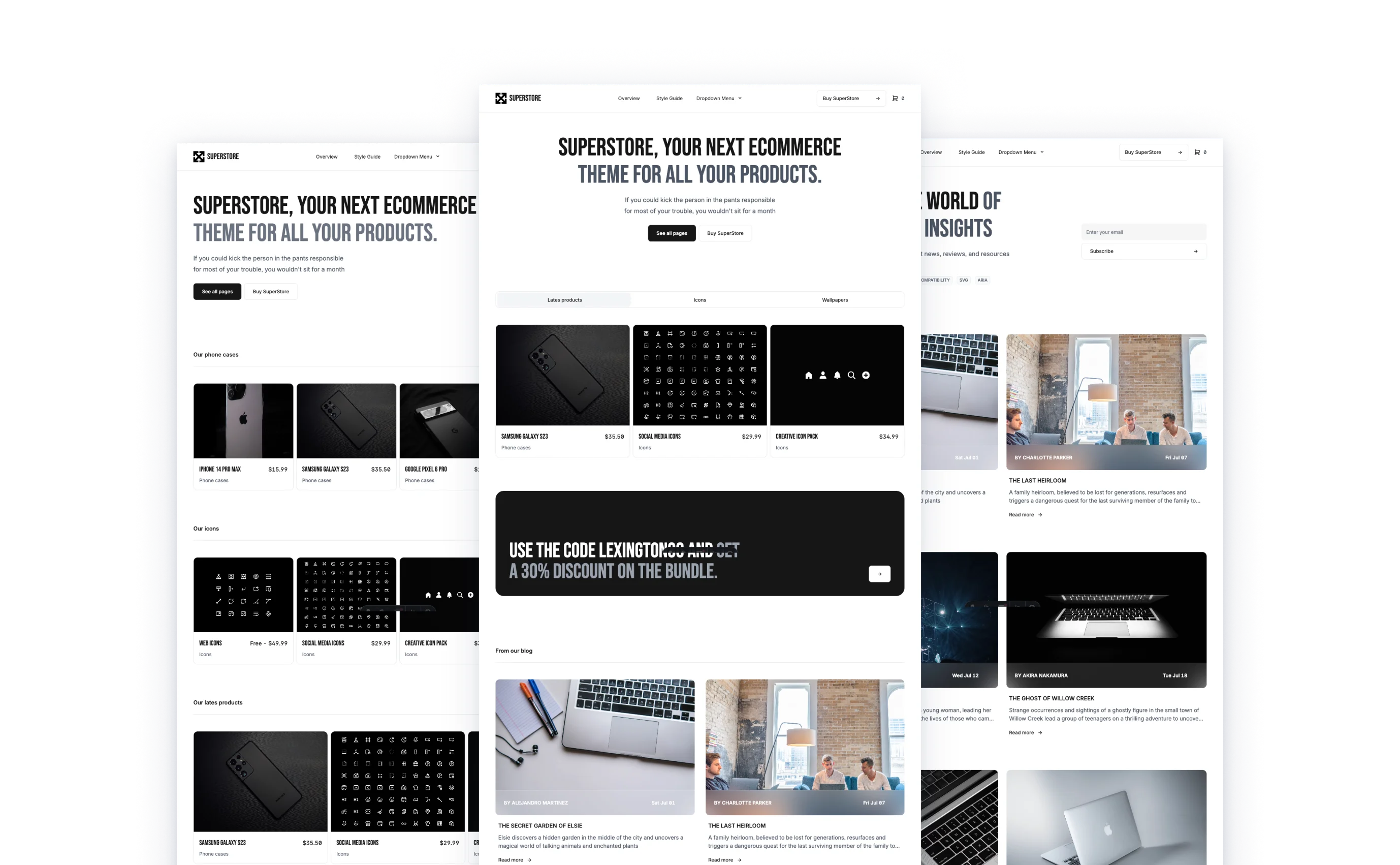 SuperStore ecommerce theme layout, featuring a product page for iPhone 14 Pro Max with images and highlights, a promotional code offer, and a grid of featured electronics products. Another section presents articles on innovation and insights with engaging imagery and article previews.