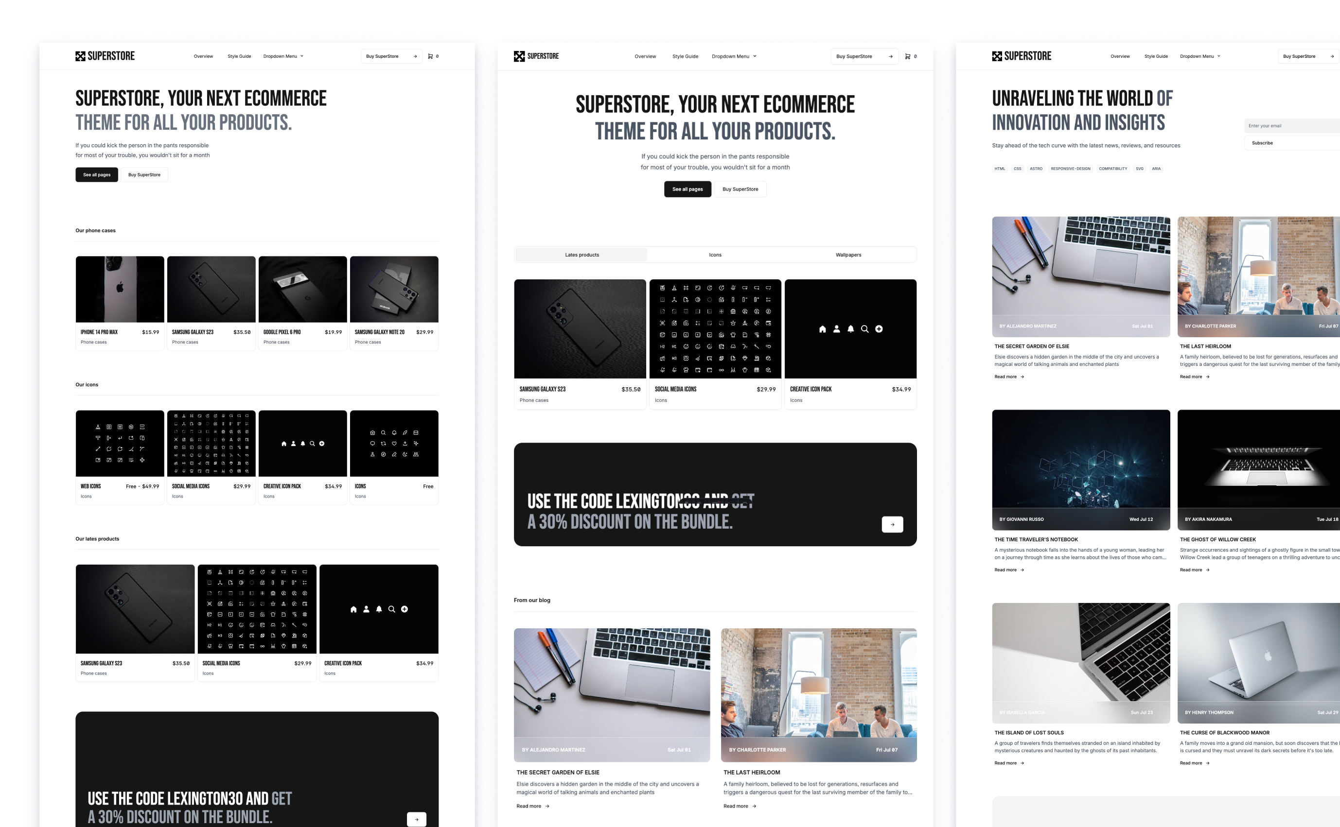 SuperStore ecommerce theme layout, featuring a product page for iPhone 14 Pro Max with images and highlights, a promotional code offer, and a grid of featured electronics products. Another section presents articles on innovation and insights with engaging imagery and article previews.