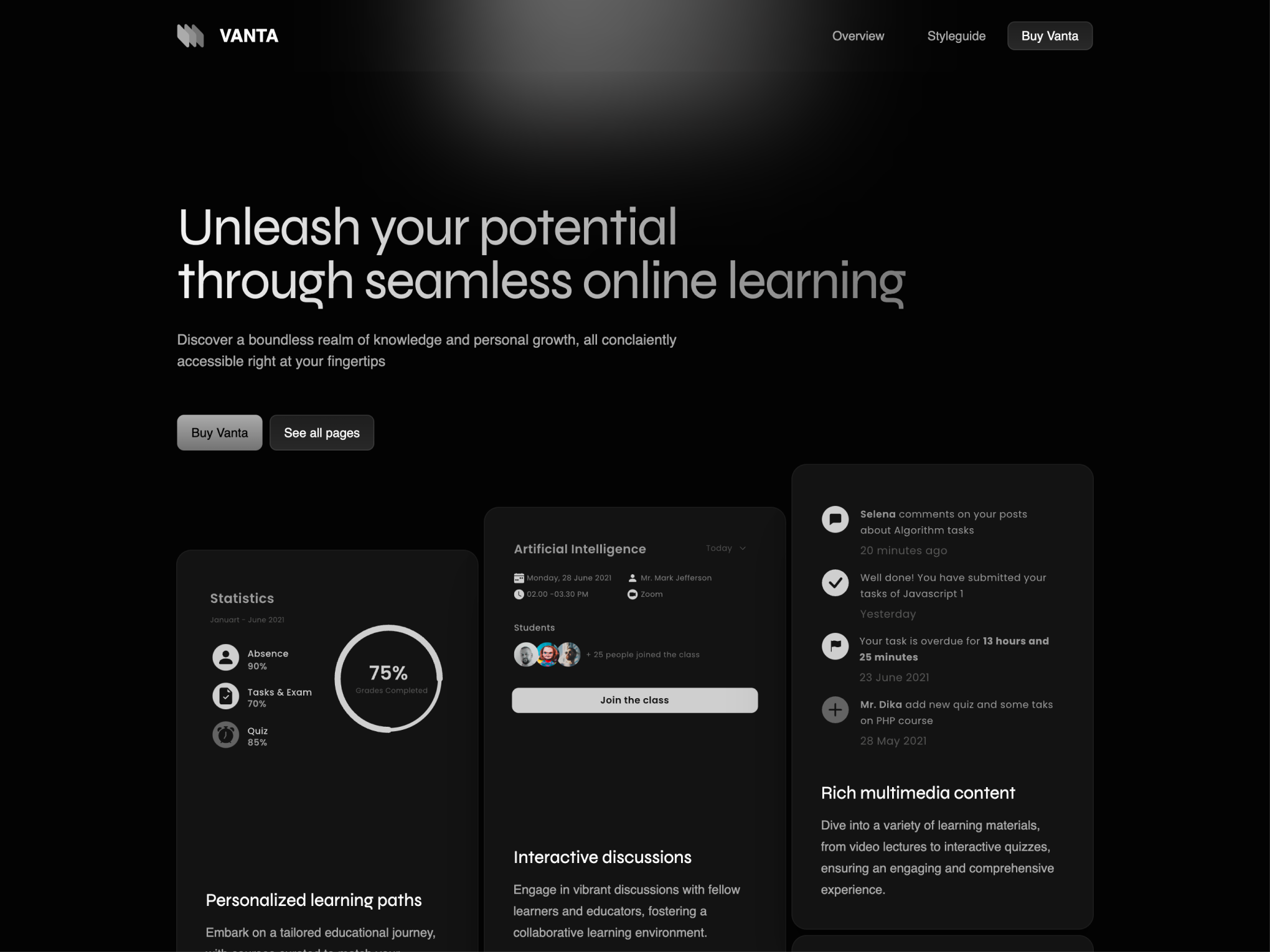 Vanta theme showcasing an online learning platform interface with a dark, elegant design. Features personalized learning paths, interactive discussions, and progress tracking, highlighted in a layout optimized for educational experiences. The theme promotes hands-on learning with sections for course listings and instructor profiles.