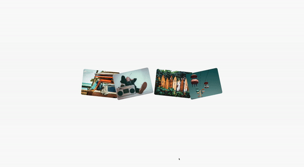 A collage of four floating images against a white background. From left to right: the first image shows a vintage van with surfboards stacked on top, parked by a beach. The second image depicts a person's feet with a retro boombox radio on the ground. The third image shows a fence with multiple colorful, used surfboards leaning against it. The fourth image features red cable cars hanging on a line with a clear sky in the background.